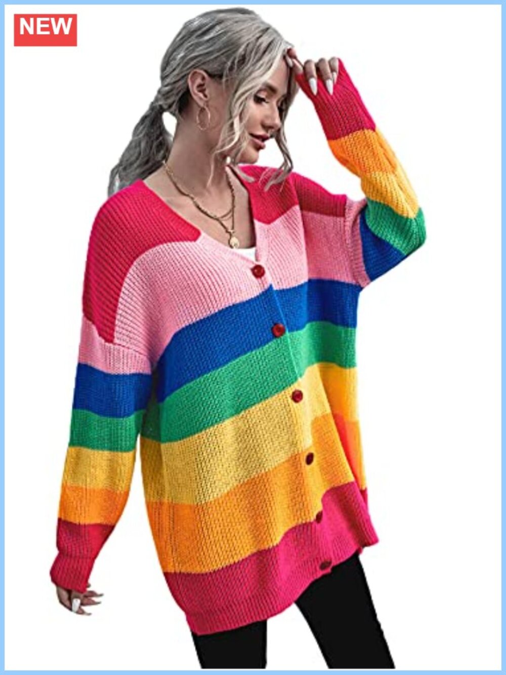 Oversized Button Front Cardigan Sweater Drop Shoulder V Neck Long Sleeve